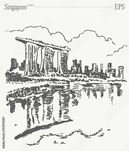 The Iconic Skyline of Singapore An Exquisite and Beautifully Detailed Sketch Illustration