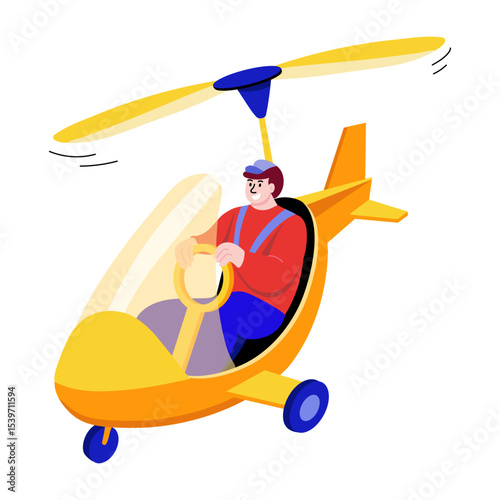 A flat style illustration showing a person flying helicopter 
