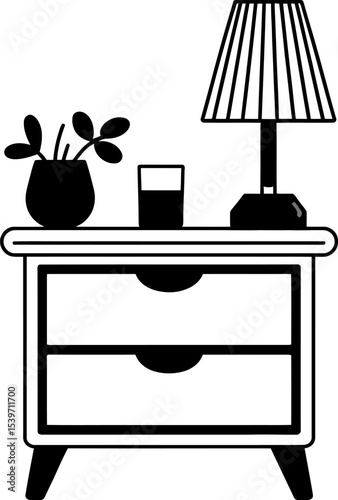 A bedside table with two drawers a lamp a plant and a glass in black and white drawing style art