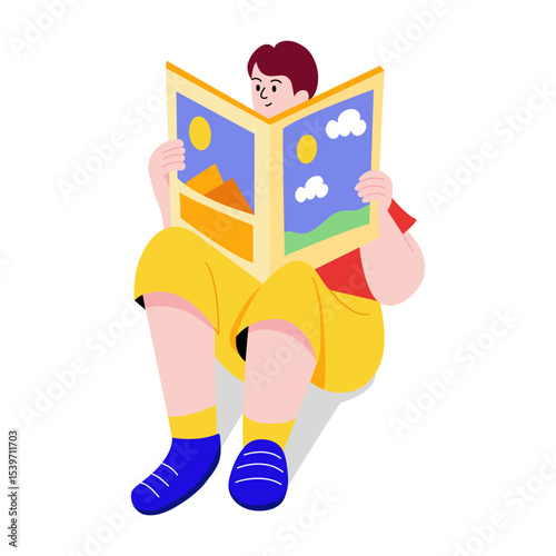 A flat style illustration showing a person reading brochure 
