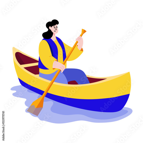 A flat style illustration showing a person paddling canoe 
