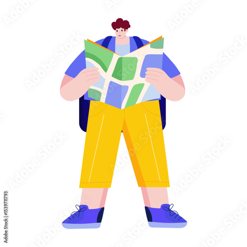 A flat style illustration showing a person holding map 
