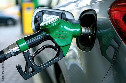 Close-up of a gray car at a gas station, with a green fuel pump nozzle inserted into the gas tank