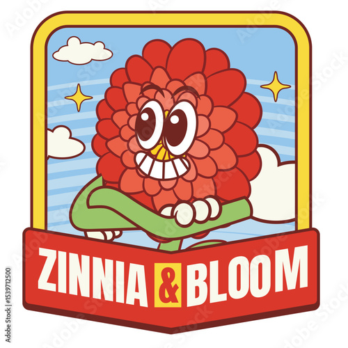Vector Illustration of Zinnia Flower Mascot with Retro Cartoon Mascot Available for Logo Badge