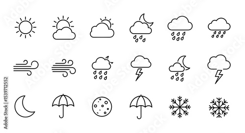 Weather Icon Line Set, Sun, Cloud, Rain and Snow Symbols