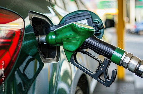A dark green car being fueled at a gas station.  A green fuel pump is inserted into the car's gas tank