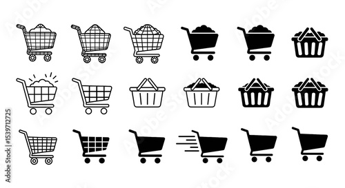 Shopping Cart and Basket Icon Set, E‑commerce and Retail Symbols