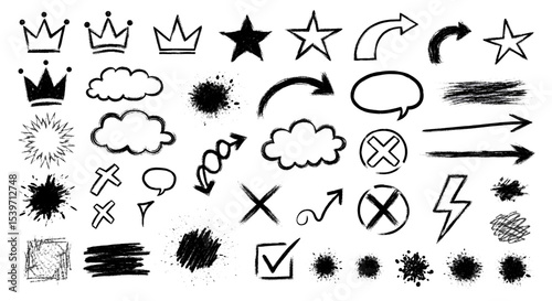 Hand-Drawn Sketch and Comic Element Pack, Scribble Icons and Badges