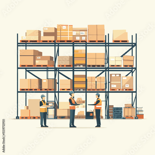 logistic workers in warehouse, vector style simple color