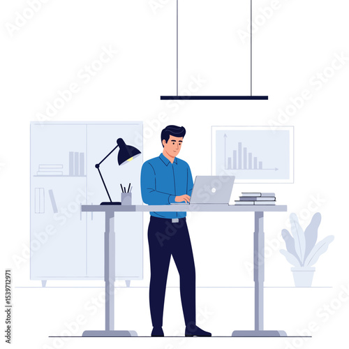 Man Working at Standing Desk - Modern Office Productivity