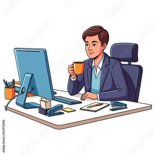 Man Working at Desk with Coffee Mug - Cartoon Vector Illustration