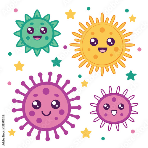  Adorable Kawaii Cartoon Virus and Germ Characters with Cheerful Faces and Stars