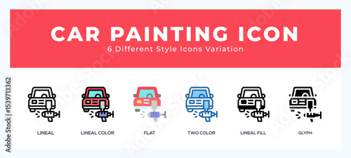 Car painting icon symbol set. outline. glyph black. flat color and filled line color.