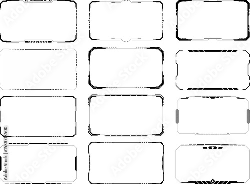 Set of futuristic tech frame vector elements with digital HUD interface style borders, perfect for sci-fi UI design, digital overlays, templates, and high-tech screen graphics.


