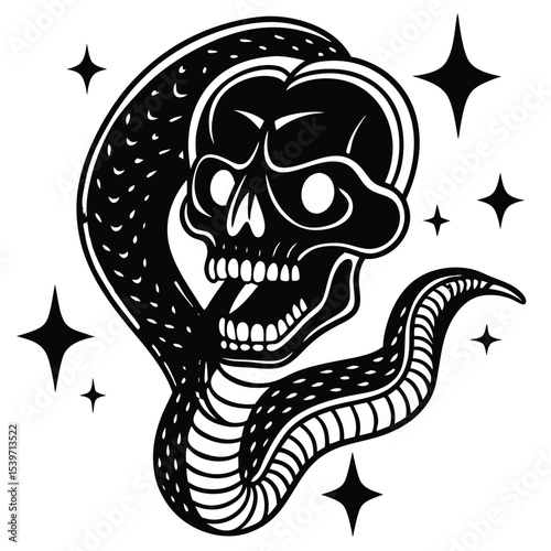Illustrated black skull embraced by a snake with decorative star elements on white background