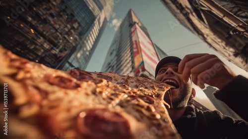 Expressive and emotional photo of an excited man grabbing a giant slice of pepperoni pizza in a lively urban street at dusk