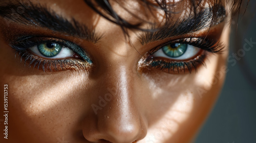 A close up of a woman's face with green eyes