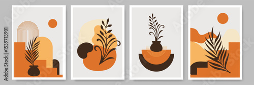 Abstract Minimalist Art with Organic Shapes and Natural Plants in Sophisticated Colors