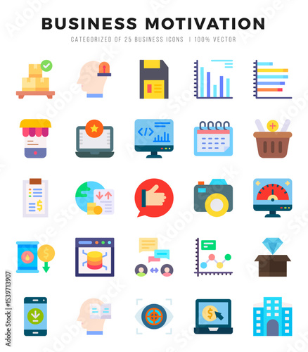 Set of 25 BUSINESS MOTIVATION Flat Icons Pack.