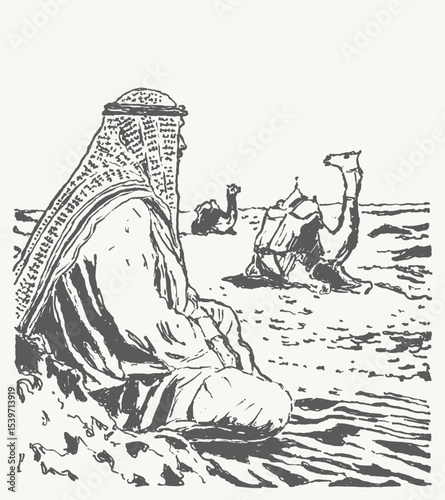 The image depicts a Desert Nomad alongside his Camels in a stunning scenic landscape setting