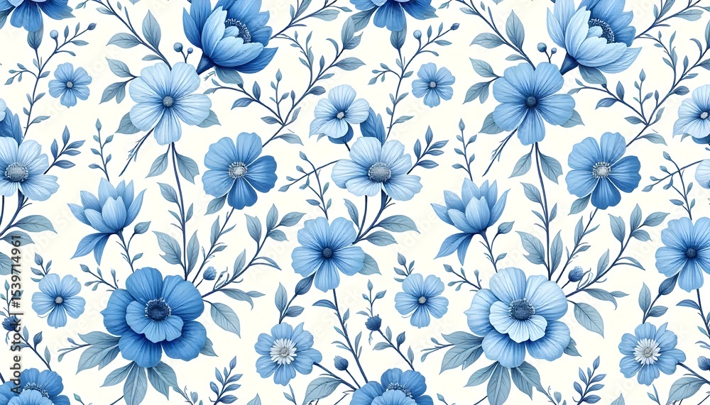 Obraz premium Classic Botanical Seamless Pattern Featuring Blue Flowers and Delicate Foliage for Wallpapers, Wrapping Papers, Textile Prints, and Digital Backdrops