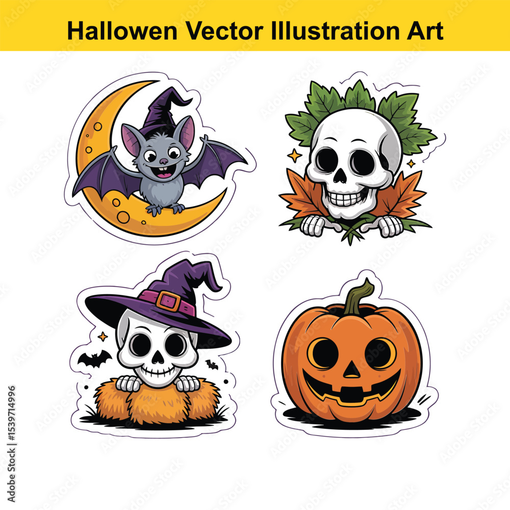 Fototapeta premium Cute halloween cartoon stickers bat skull pumpkin witch
