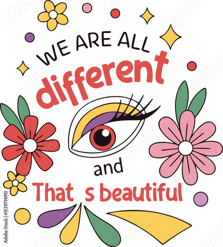 Diversity and Inclusion Illustration with Eye, Flowers, and Positive Message “We Are All Different and That’s Beautiful