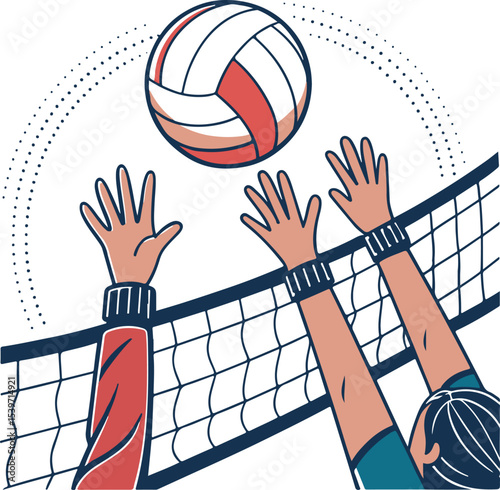 Competitive Volleyball Match Illustration with Players Blocking the Ball at the Net