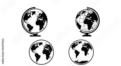 Globe Silhouette Icons Set — World Map Circles, Earth Globe Badges and Planet Earth Symbols in Black and White
