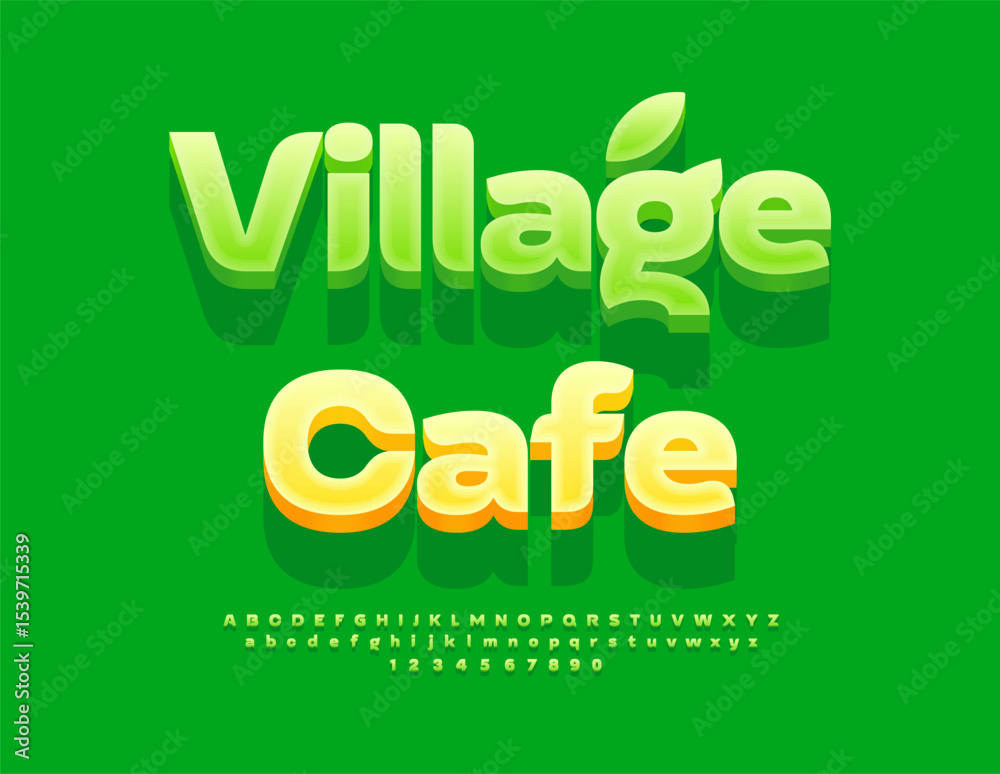 Fototapeta premium Vector Stylish signboard Village Cafe. Modern Eco Green Font. Fashion Isometric Alphabet Letters and Numbers set.
