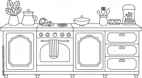 Outline kitchen counter with plant, pot, lemon, oven, bowl, utensils, cups, and jar of candy displayed