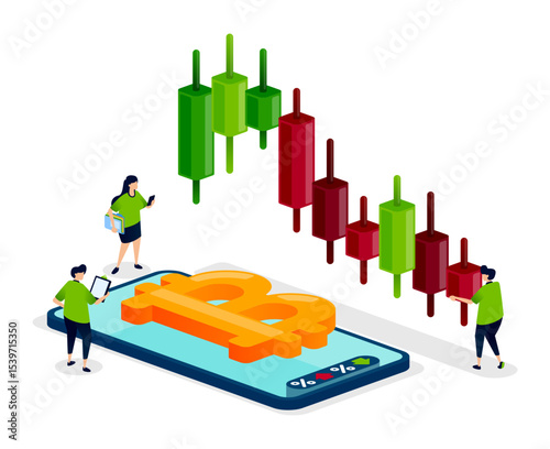 People trade cryptocurrency with bitcoin apps and monitor candlestick charts showing up and down trends in real-time for finance and investment analysis