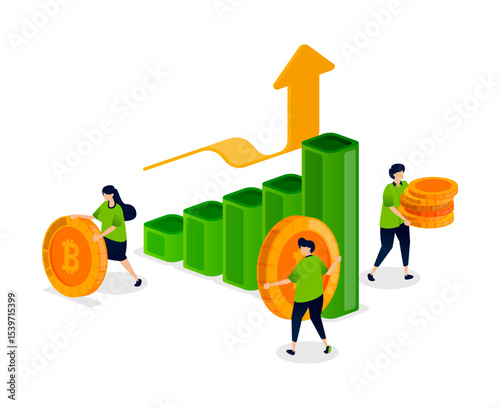 People analyze bitcoin and crypto bar chart trends using up and down arrows to study performance, growth potential, and market changes in crypto trading