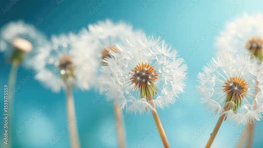Obraz premium Delicate dandelion seed heads against a soft blue background evoke feelings of springtime, dreams, and the simple beauty of nature