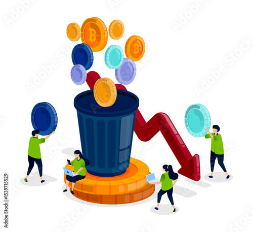 People throw away failed or low-value crypto coins suffering from sharp losses and downward trends, symbolizing failed investments and risky decisions