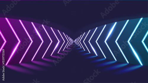 Vibrant Neon Arrow Tunnel with Purple and Blue LED Light Effect