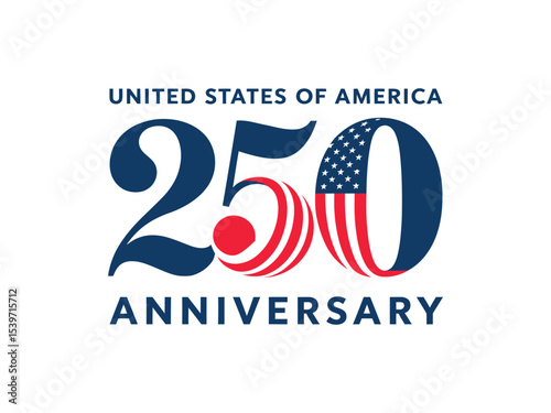 united states 250th anniversary logo design with patriotic number 250, american flag elements, stars, stripes, and bold typography