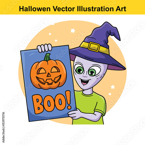 Cute Halloween Elf with Pumpkin Sign Vector Illustration Art