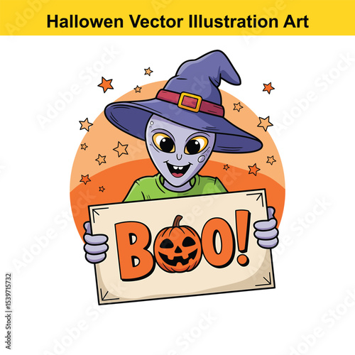 Cute alien witch holding boo halloween sign