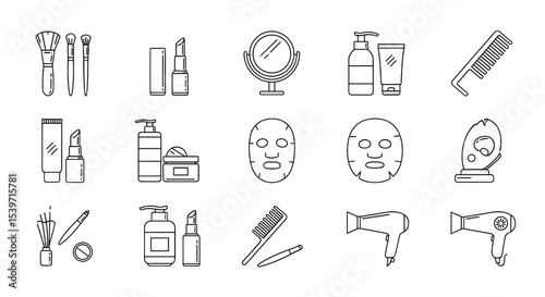 Beauty and Cosmetic Line Icons – Makeup Brushes, Skincare Bottles, Mirror, Face Mask, Hairdryer and Cosmetic Tools Outline Set