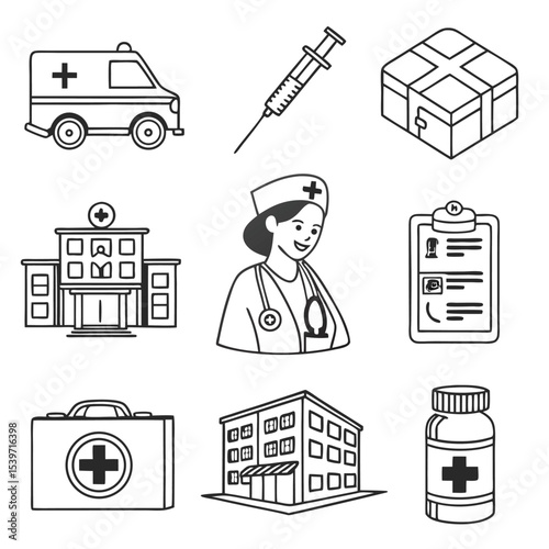 Detailed Outline Icons for Medical and Healthcare Essentials: Hospital, Ambulance, Nurse, and Supplies