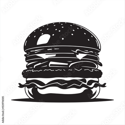 A futuristic sci-fi style vector illustration. A black and white silhouette of a burger is sharply defined against a pure white background.