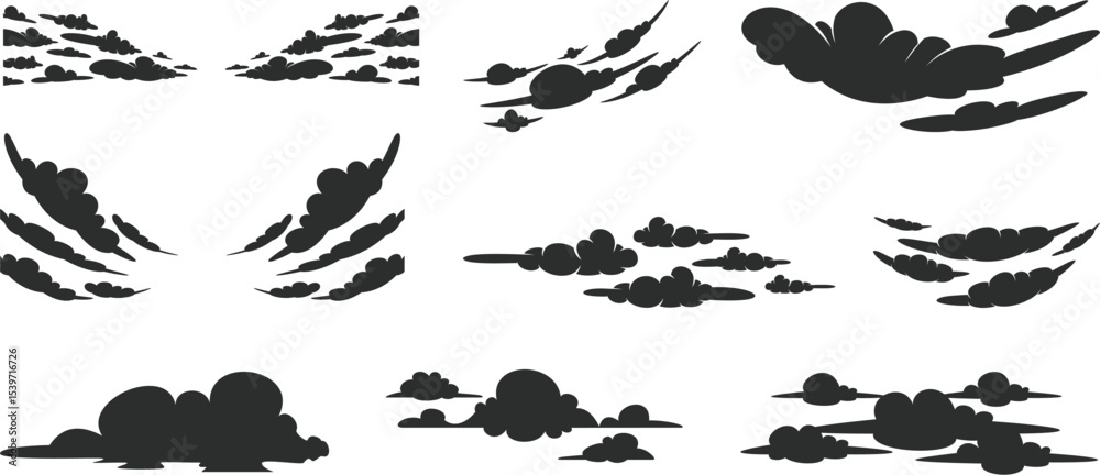 Naklejka premium Set of stylized cartoon cloud vector silhouettes in various formations, ideal for animation, gaming backgrounds, comic effects, and atmospheric scene design.