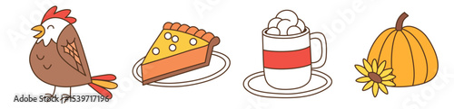 Set of Thanksgiving icons with turkey, pie, hot drink and pumpkin on white background, Isolated