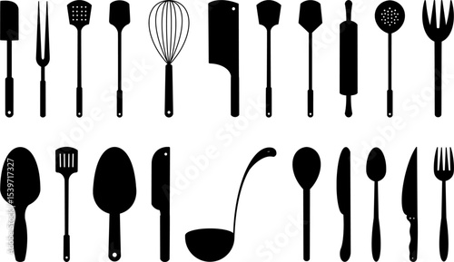 Set of  Kitchen utensil silhouette vector featuring knives, spatulas, whisks, and spoons, perfect for culinary branding, cooking infographics, and food-related graphic design projects.

