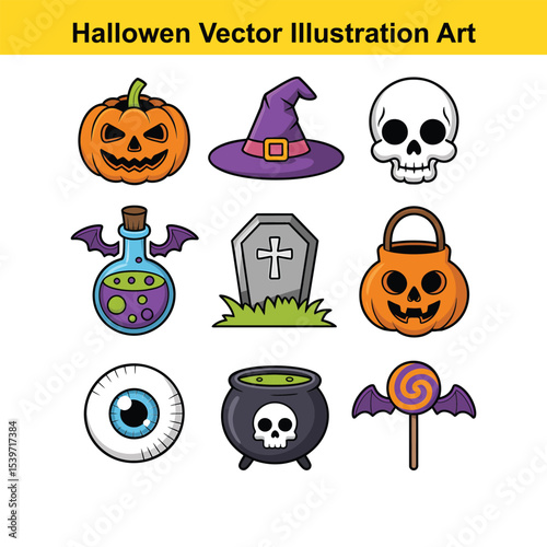 Halloween vector illustration set of nine spooky elements