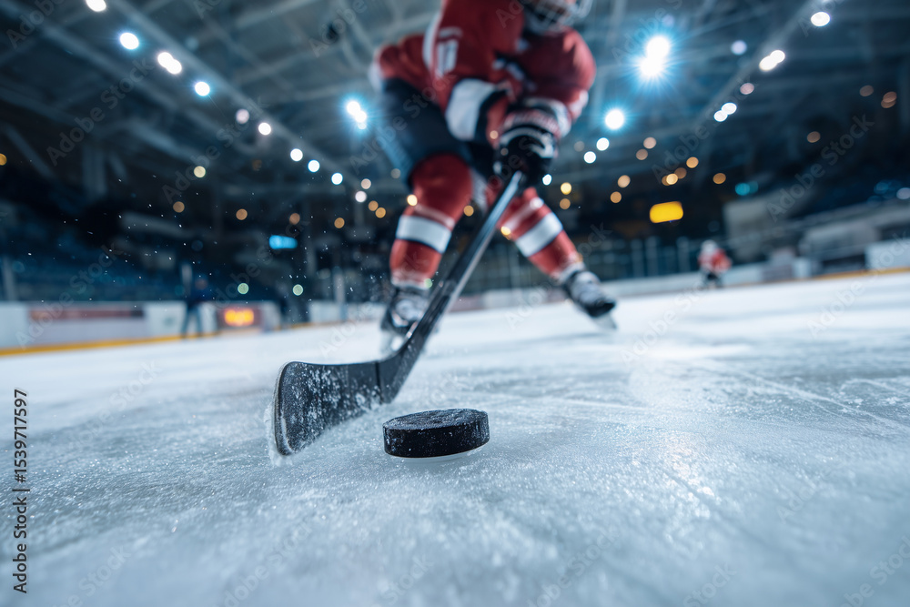 Fototapeta premium A hockey player is in the middle of a game, with a puck in front of him. The image conveys the excitement and intensity of the sport, as well as the skill and athleticism of the players