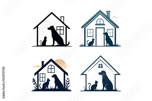 Dog and Cat Silhouette in House Simple Pet Logo Vector Symbol Minimalistic Icon