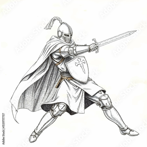 Cartoon vector outline drawing of a knight with a sword