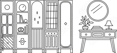 Line drawing of bookshelves and a console table with a mirror in a simple minimalist style